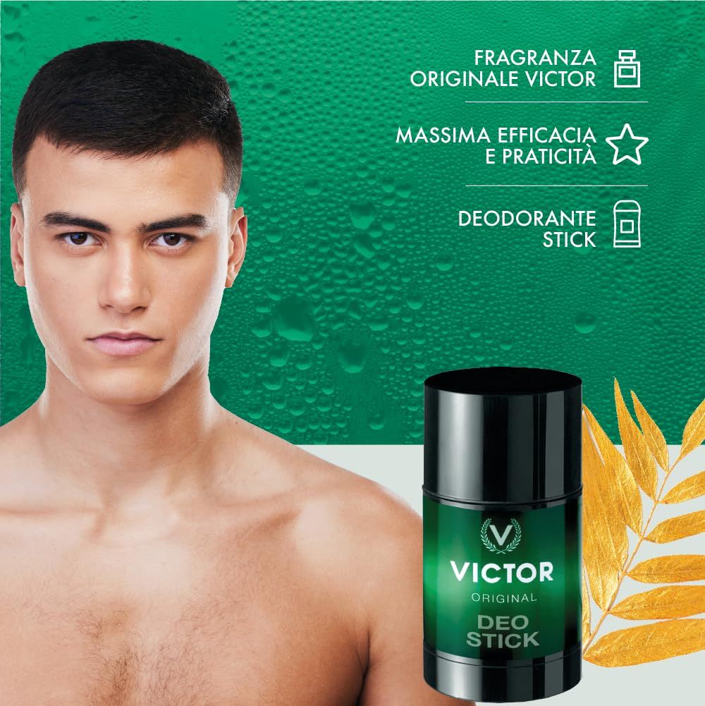 Uomo accanto a deo stick. Scritta: VICTOR ORIGINAL DEO STICK. Sfondo verde con foglie dorate e icone.