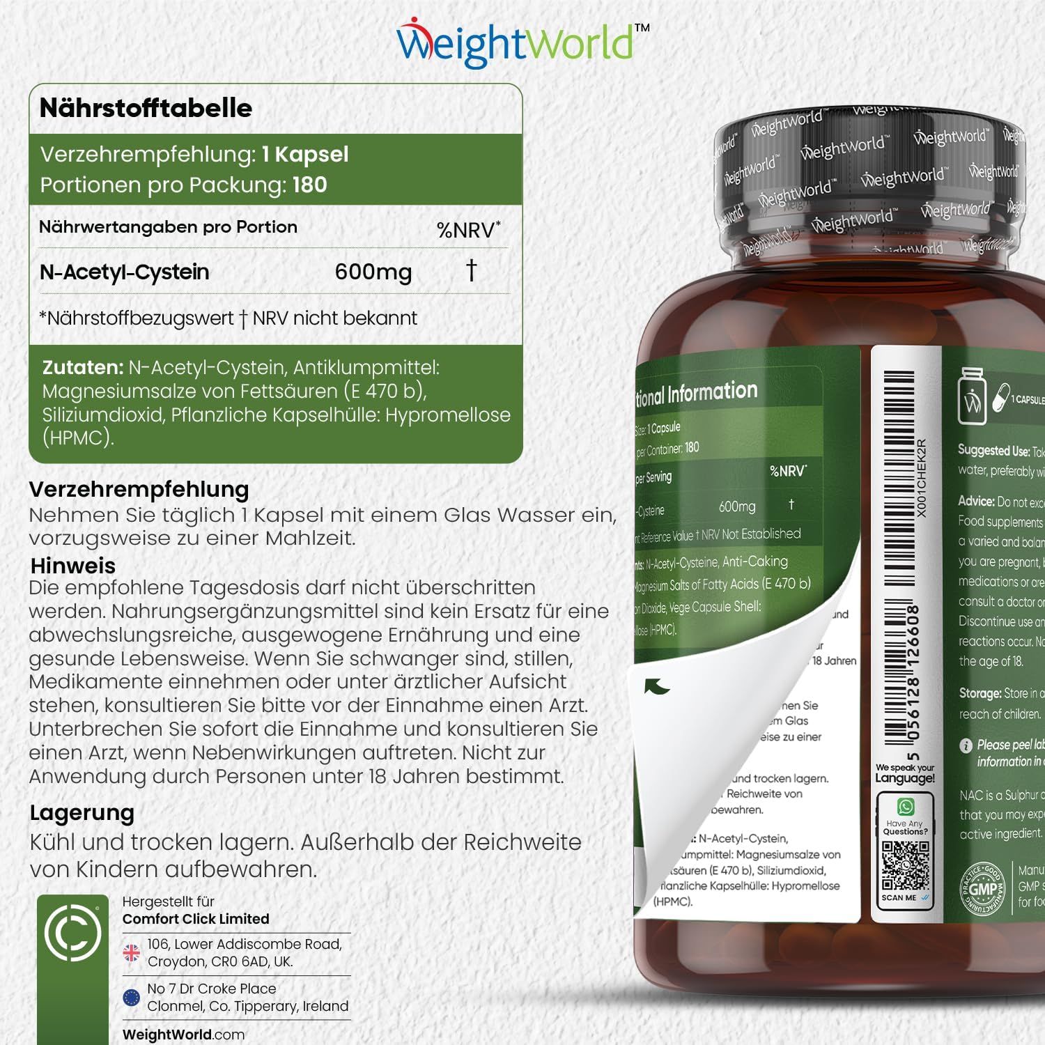 Flacone con etichetta. Tabella nutrizionale: N-Acetilcisteina 600mg. Istruzioni per l'uso. Informazioni produttore. Flacone con coperchio.