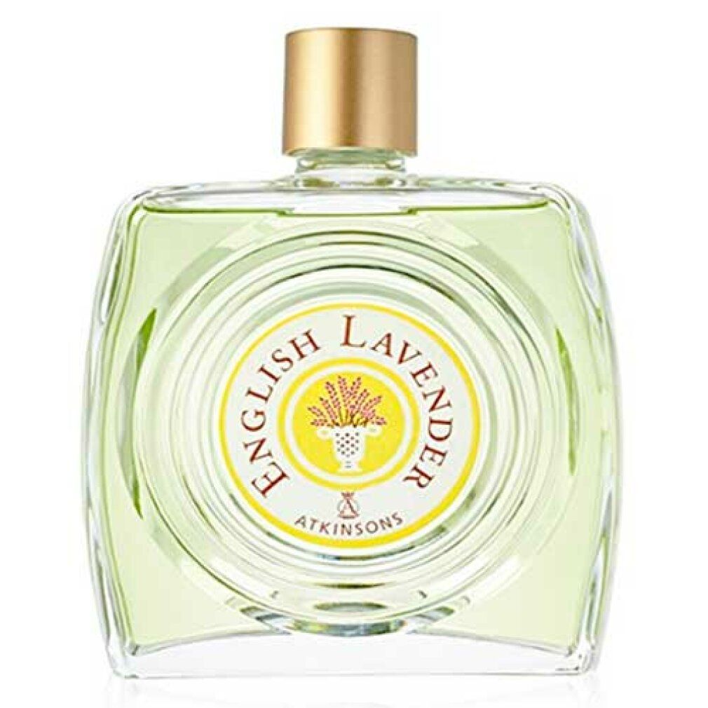 Atkinsons English Lavender Eau de Toilette. Flacone quadrato, verde chiaro. Etichetta gialla con testo e logo. Tappo dorato.