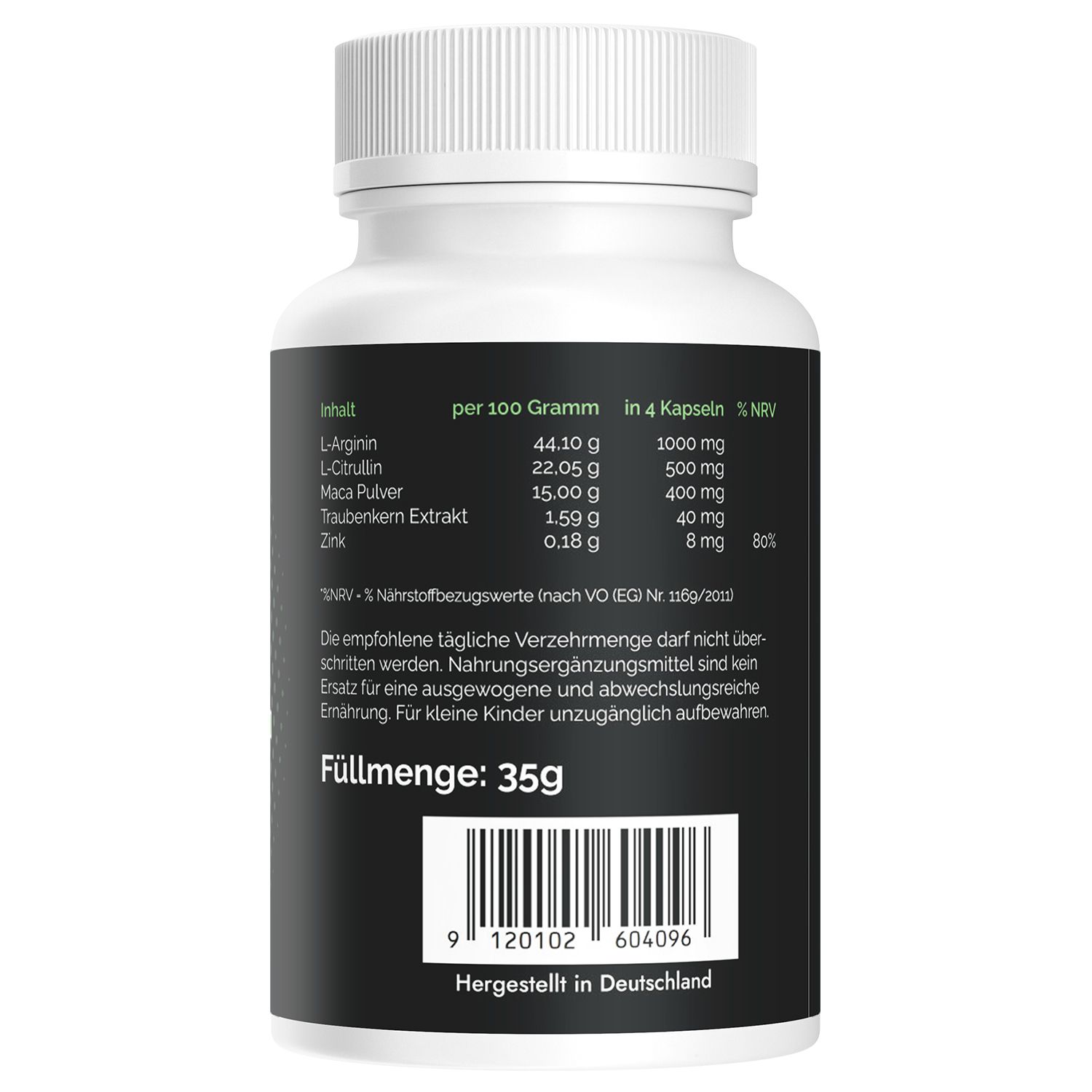 Retro del contenitore capsule Heraxil: valori nutrizionali per 100g e 4 capsule, contenuto 35g.