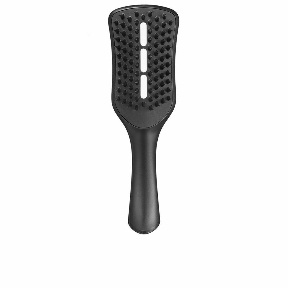 Spazzola per capelli nera con manico e fori di ventilazione. Testina ovale con setole nere. Manico dalla forma arrotondata.