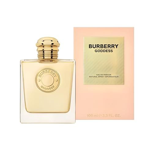 Flacone e confezione Burberry Goddess Eau de Parfum. Bottiglia quadrata, tappo dorato, scatola rettangolare.