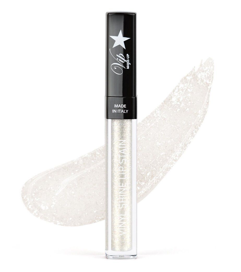 Lucidalabbra liquido glitterato, scritta "Vinyl Shine Lip Stain", "Made in Italy" e logo a stella.