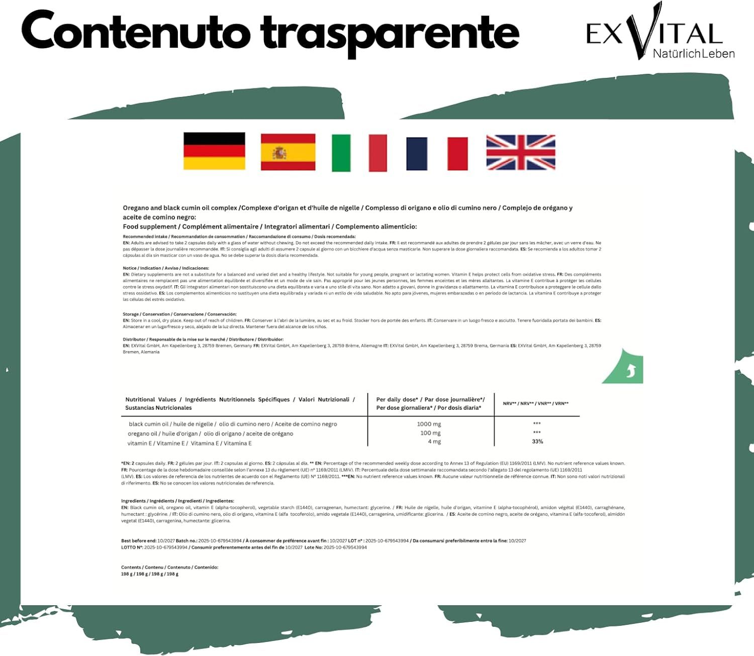 Testo: Tabella nutrizionale, ingredienti, istruzioni. 180 capsule, 198 g. EXVital Capsule di cumino nero, integratore alimentare.
