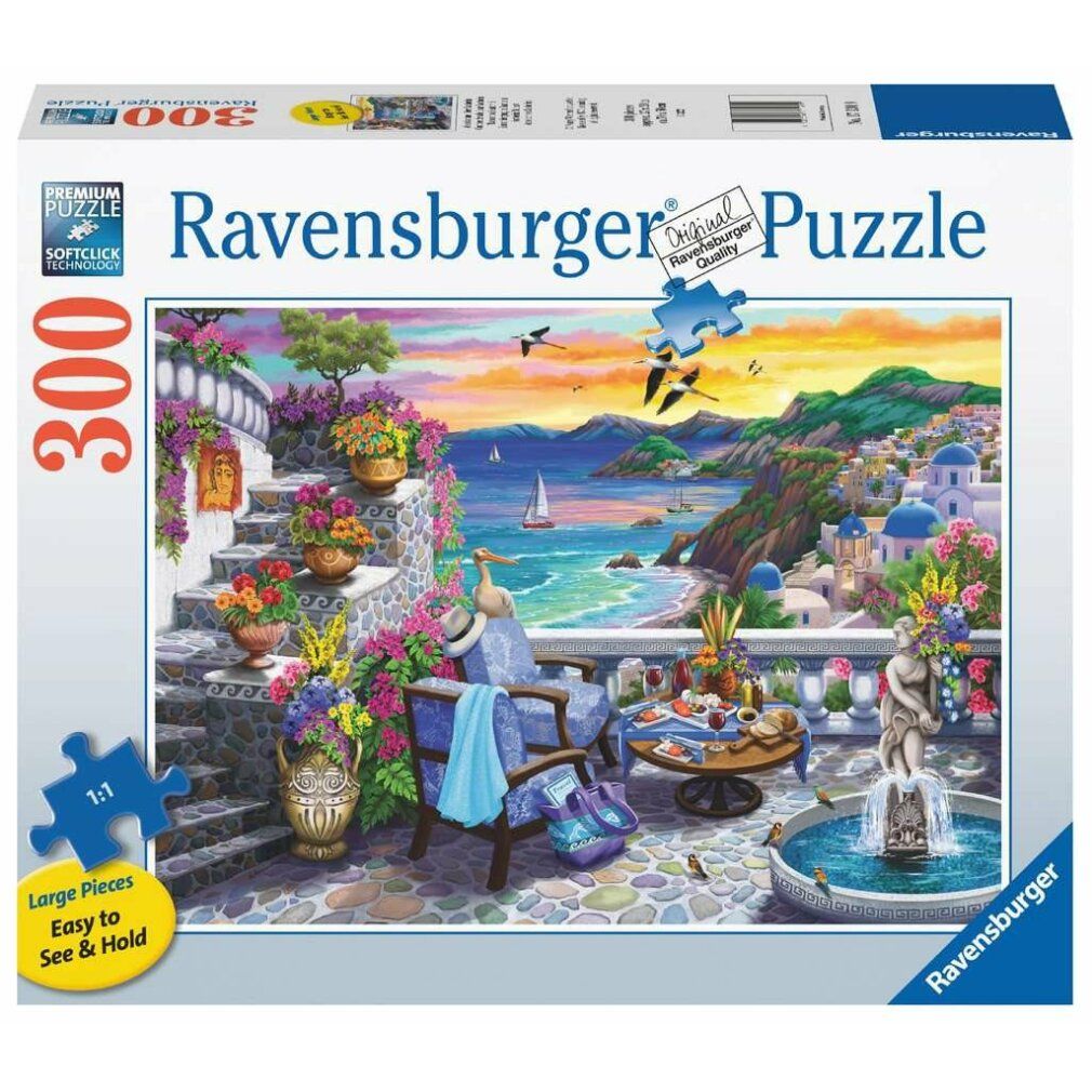Scatola di puzzle con paesaggio. Marchio Ravensburger. 300 pezzi. Scena con mare, case, fiori e mobili. Tramonto.