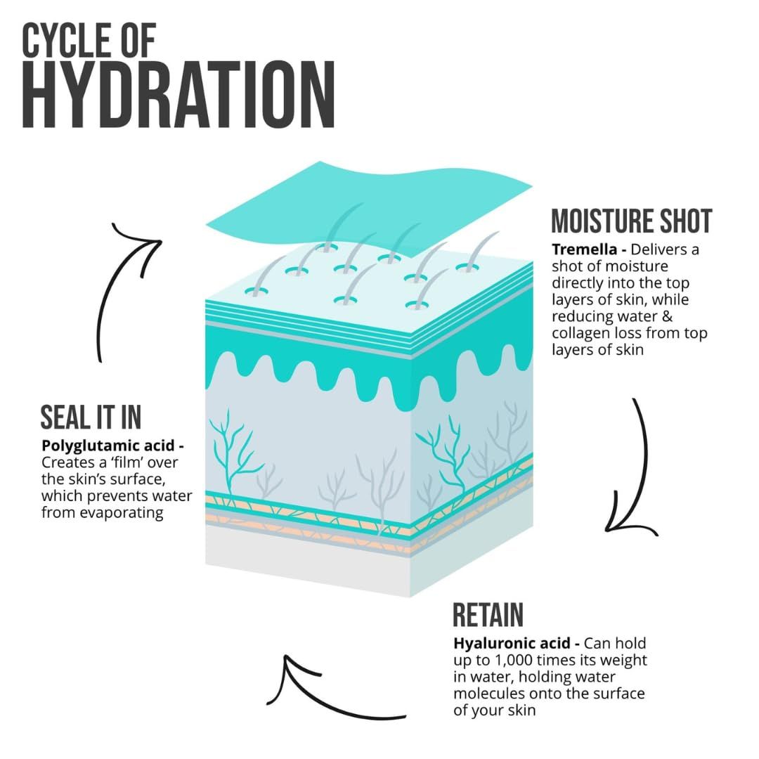 Diagramma del ciclo di idratazione. Testo: Moisture Shot, Seal it in, Retain.