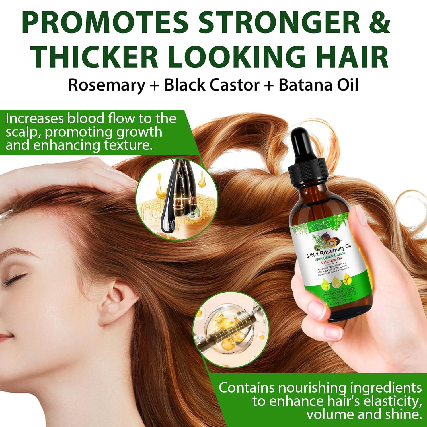 Donna che tiene una bottiglia marrone con contagocce. Contiene olio di rosmarino, Batana e ricino. Il testo mostra i benefici degli oli.