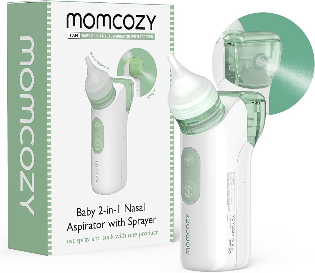 Aspiratore nasale nella confezione. Logo Momcozy. Aspiratore nasale 2-in-1 per bambini con spray. Immagine del prodotto.