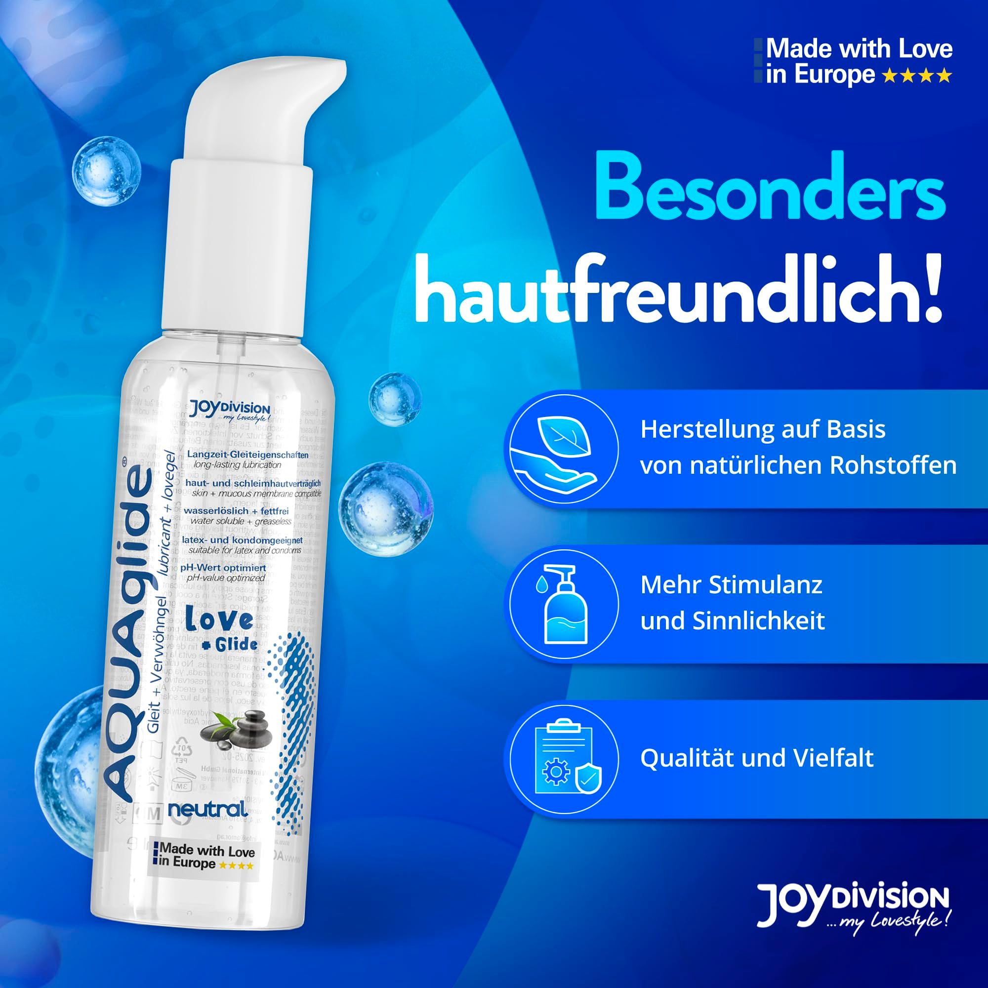 Gel lubrificante AquaGlige Neutro. Prodotto con materie prime naturali. Delicato sulla pelle.