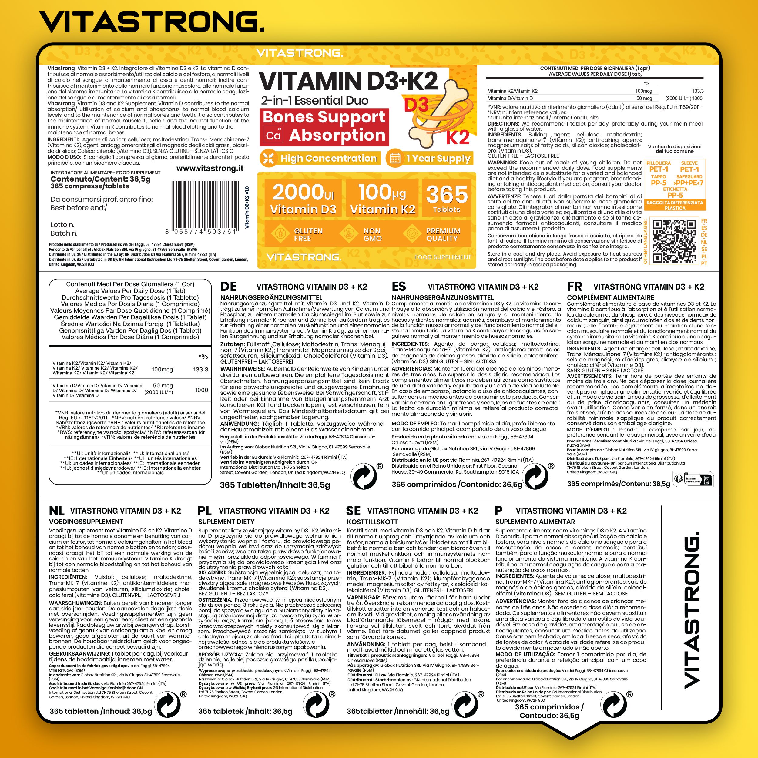 Sfondo giallo con flacone Vitastrong Vitamina D3 + K2. Testo: 2000 UI D3, 100 µg K2. Senza lattosio, glutine, OGM.