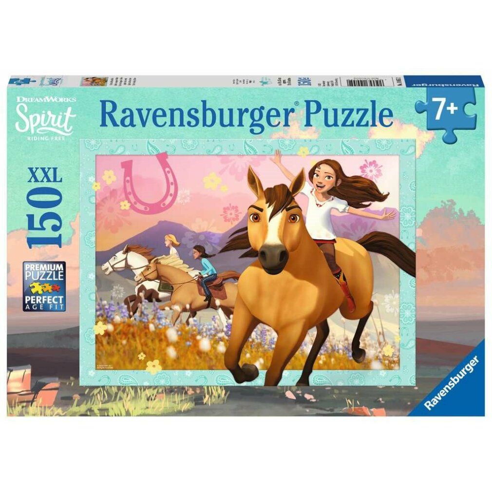 Scatola puzzle Spirit. Contiene 150 pezzi, dai 7 anni in su. Marca: Ravensburger. Formato XXL. Immagine di cavalli e persone.