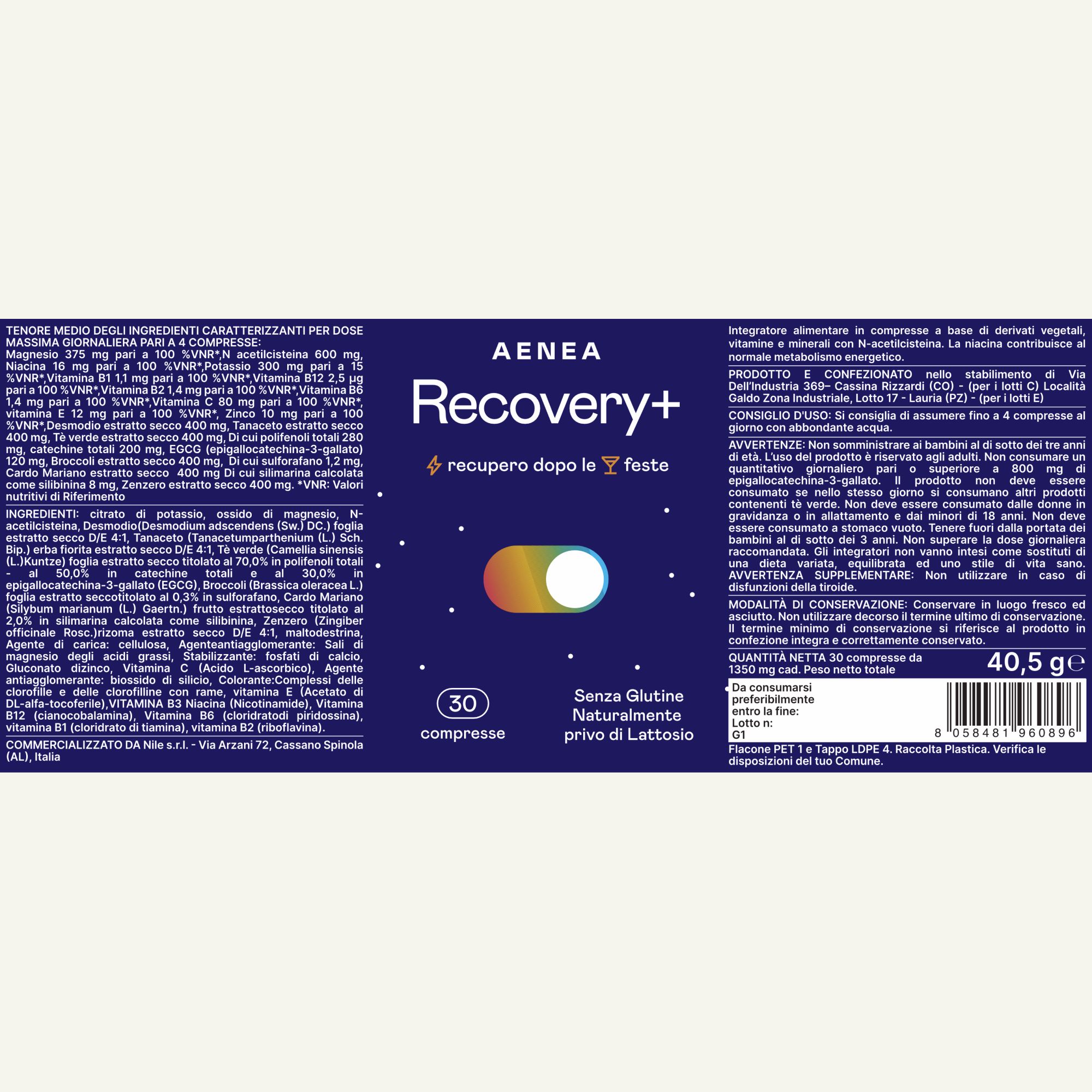 Confezione di compresse Aenea Recovery+. Scritta: 30 compresse. Ingredienti e informazioni nutrizionali. Senza glutine e lattosio. Integratore alimentare.