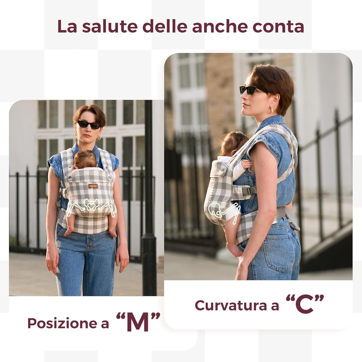 Momcozy Marsupio per Bambini Leggero e Traspirante con Motivo a Quadri Blu Grigio