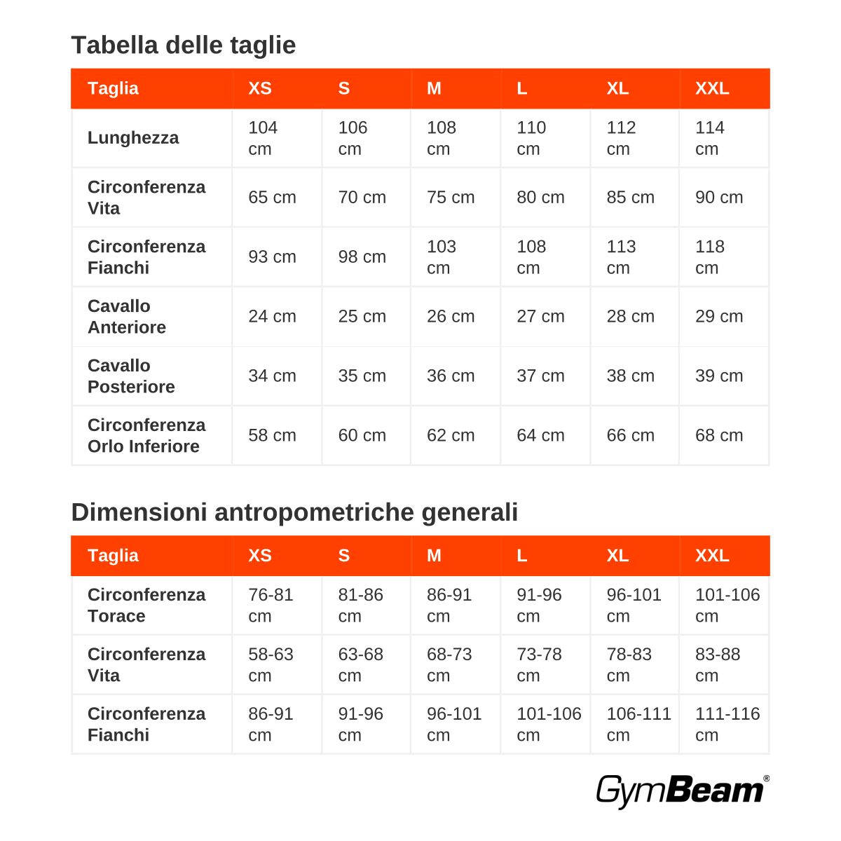 Tabella delle taglie e misure antropometriche per pantaloni da jogging.