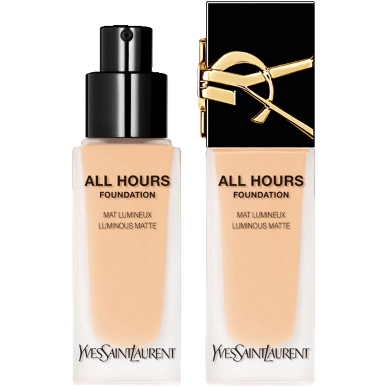 Due flaconi Yves Saint Laurent Encre de Peau All Hours Foundation. Forma rettangolare, flacone trasparente, tappo nero, scritta dorata.