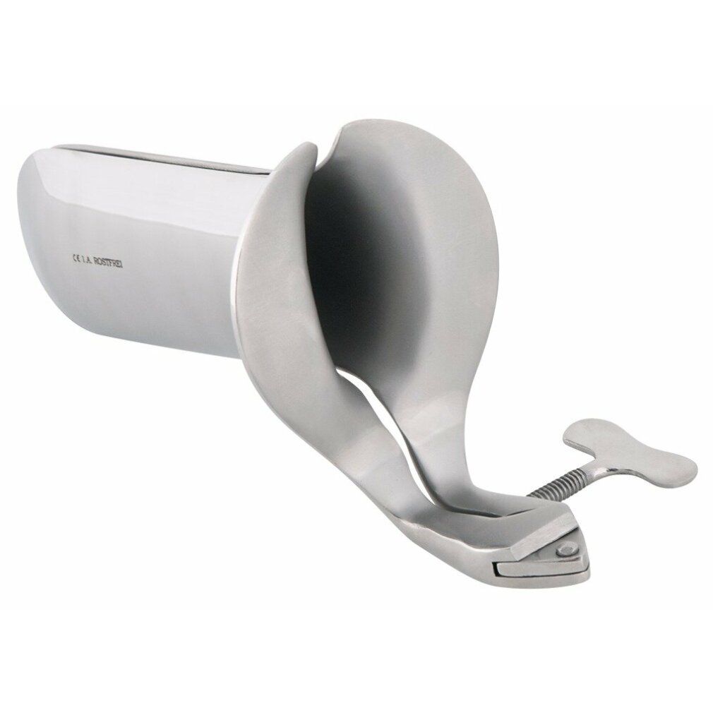 Speculum vaginale in acciaio inox. Metallo lucido. Con alette e meccanismo a vite. Marchio visibile: DE LA MOTTE.