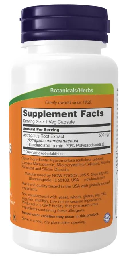 Retro del flacone. Etichetta con informazioni nutrizionali e ingredienti. Testo: Astragalus Root Extract, 500 mg.