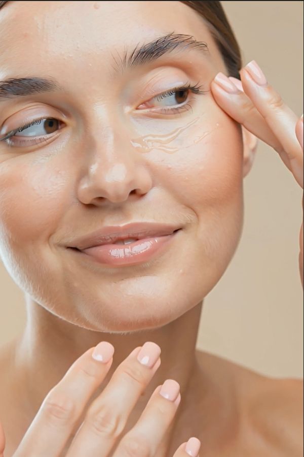 Donna applica gel sotto gli occhi. Sorride. Pelle chiara, unghie rosa.