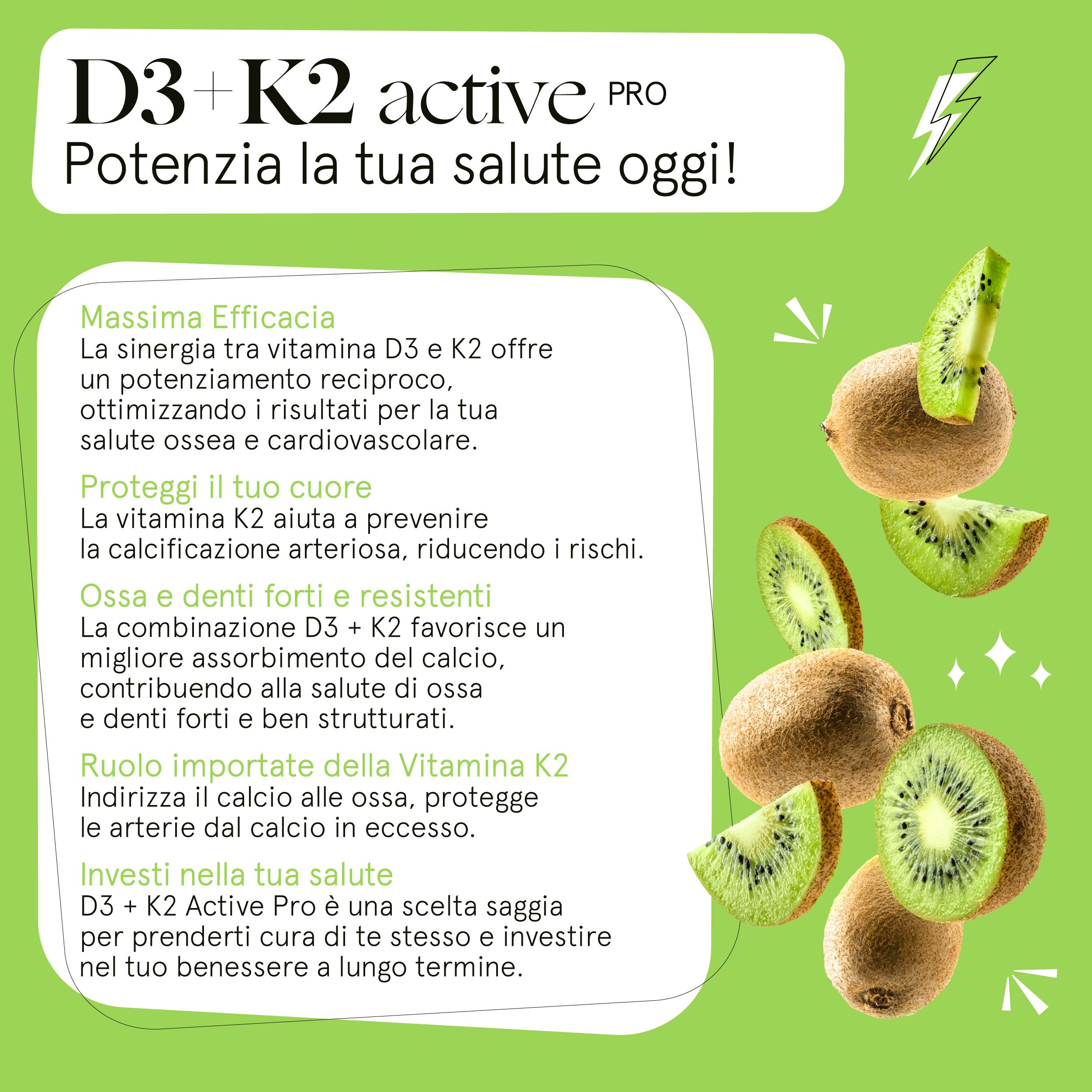Infografica con testo su Vitamina D3+K2 active pro. Sono raffigurati kiwi.