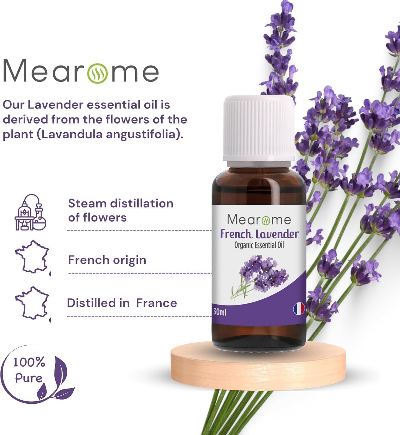 Flacone del prodotto con testo e lavanda. Bandiera francese. 30ml. Su base di legno.