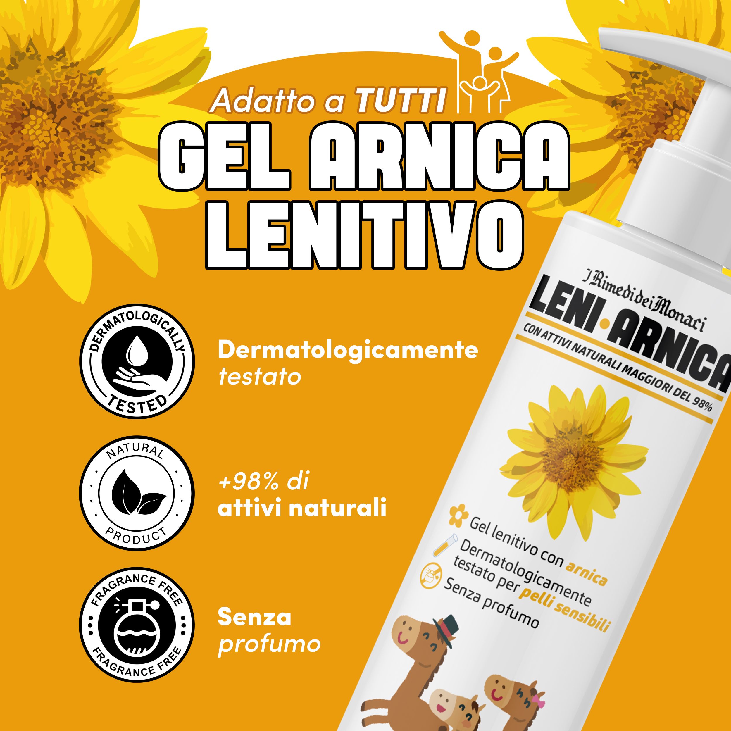 Flacone di gel all'arnica con etichetta gialla. Scritta: Gel Arnica Lenitivo. Dermatologicamente testato, prodotto naturale, senza profumo.