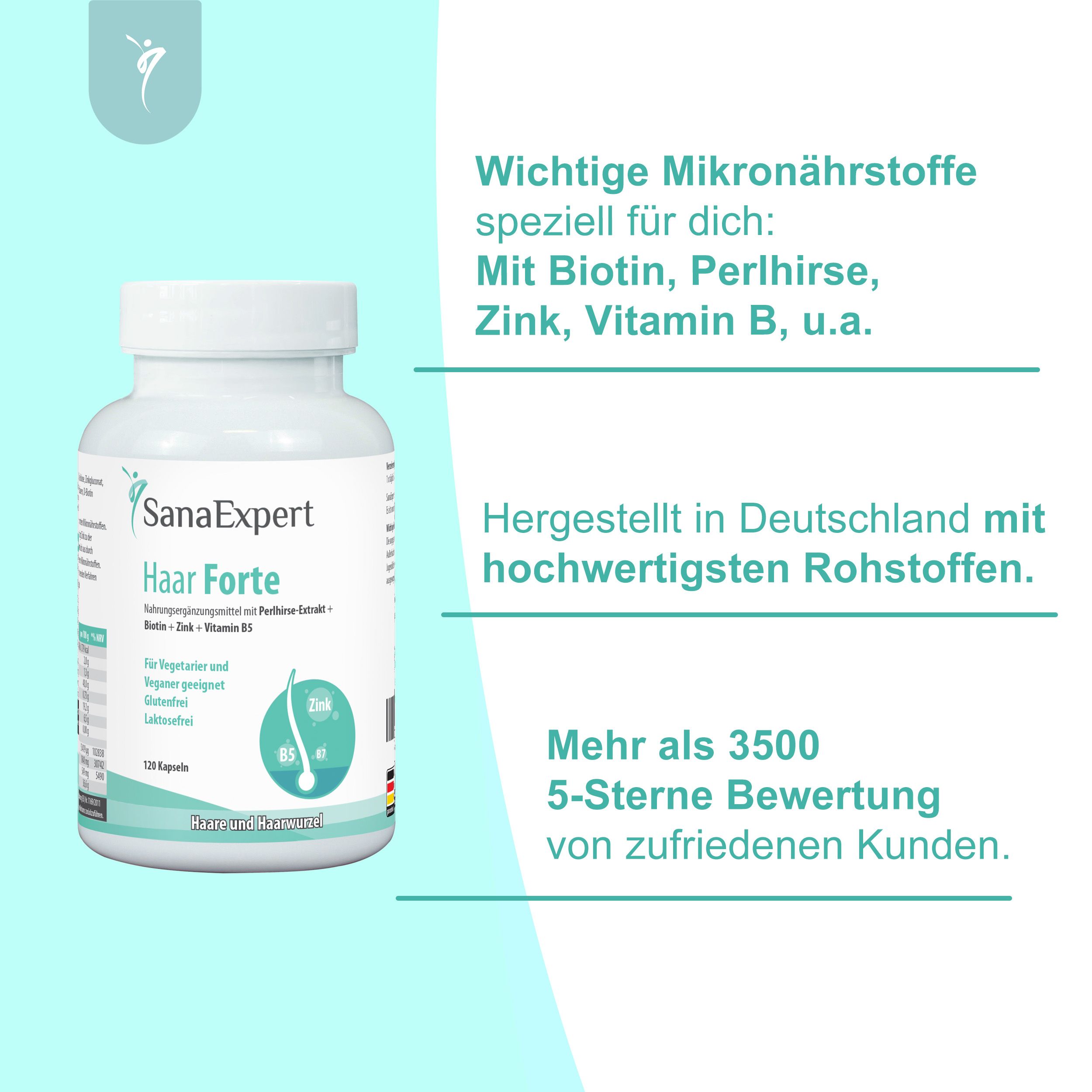 Capsule SanaExpert Haar Forte: flacone con micronutrienti essenziali per capelli, prodotto in Germania.