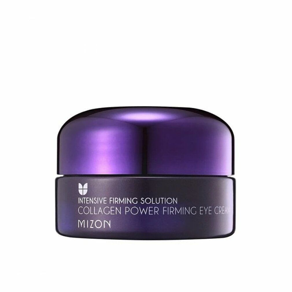 Vasetto di crema per occhi con coperchio viola. Contenitore nero con testo bianco: Collagen Power Firming Eye Cream. Marchio: Mizon.