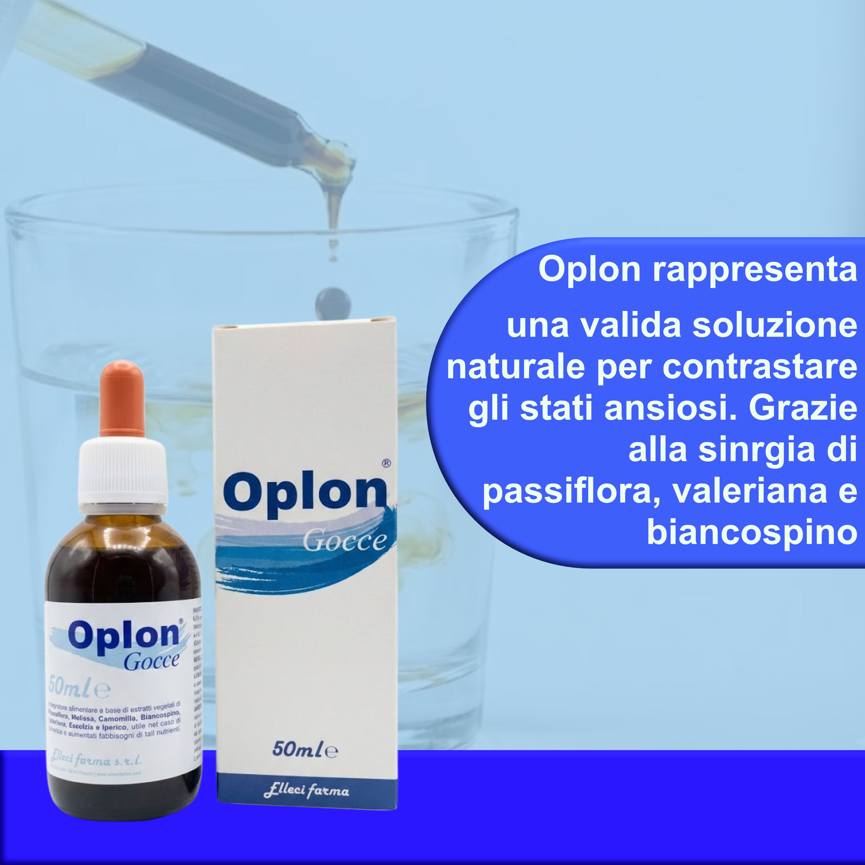 Flacone e scatola. Scritta "Oplon Gocce". Gocce cadono in un bicchiere d'acqua. Sfondo blu.