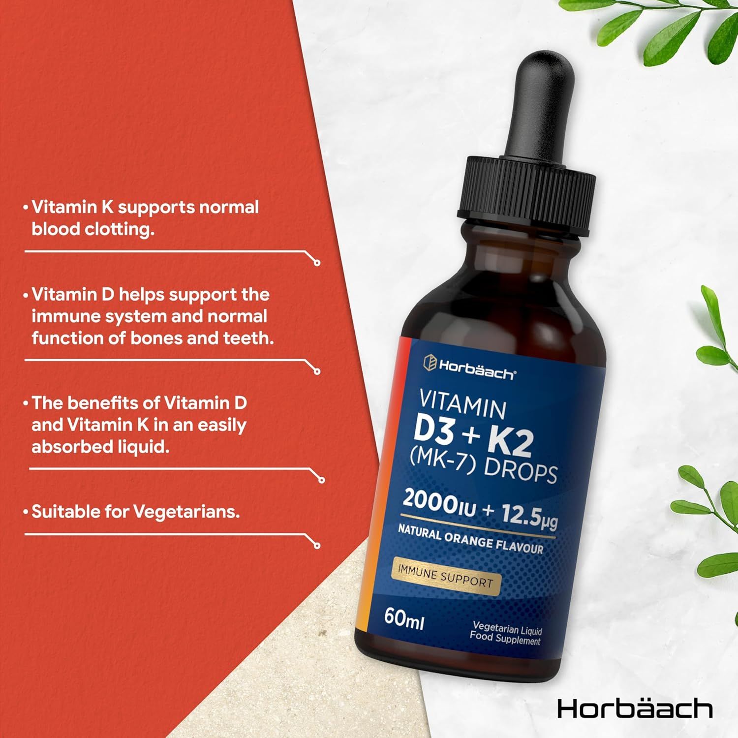 Flacone di vetro marrone con contagocce. Scritta: Vitamina D3+K2 (MK-7) gocce. 2000iu + 12,5µg. 60ml. Aroma naturale di arancia. Vegetariano.