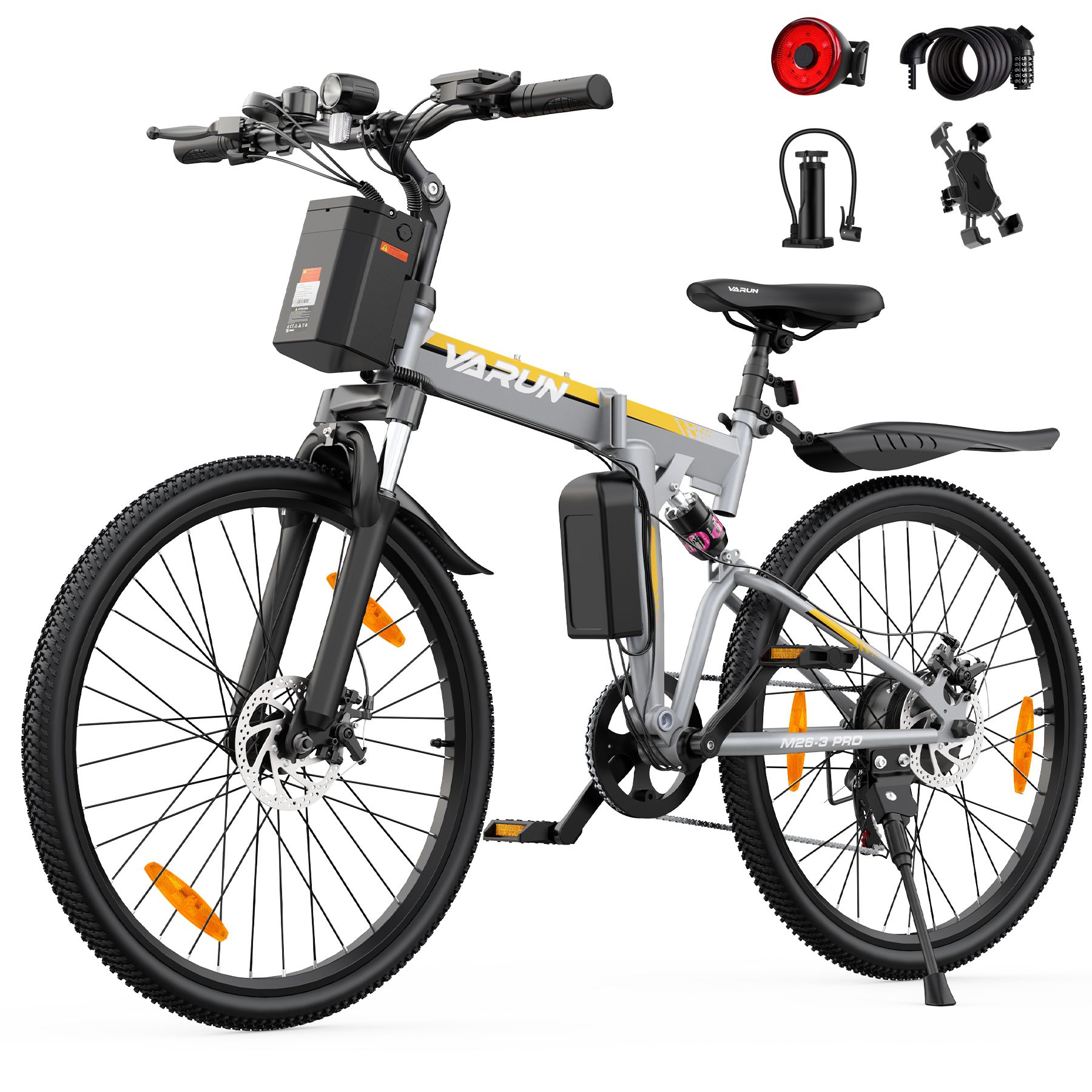 E-bike pieghevole grigio-giallo. Accessori: fanale posteriore, lucchetto, pompa, supporto telefono. Logo VARUN.