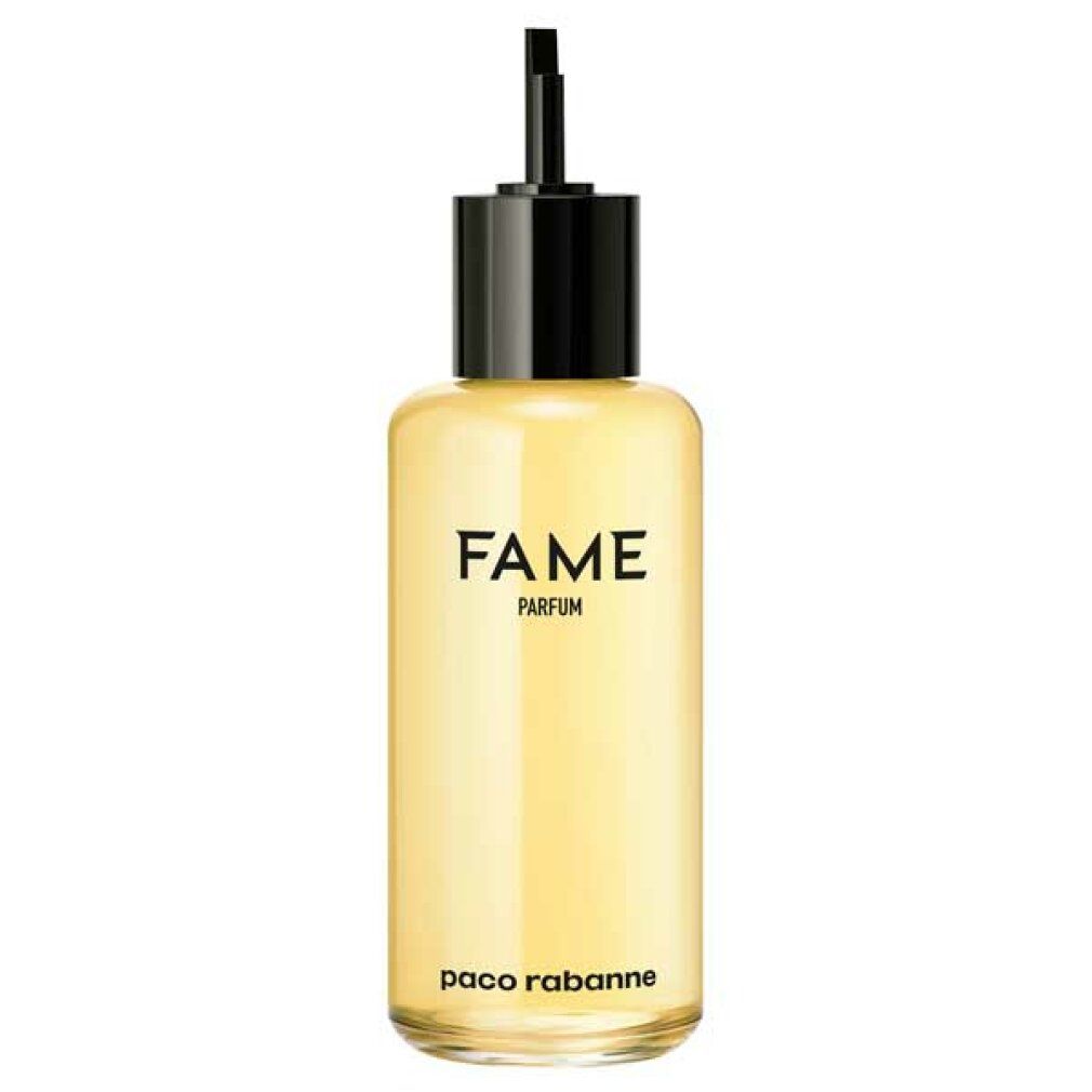 Liquido giallo in un flacone con tappo nero. Scritta "FAME" e "paco rabanne".