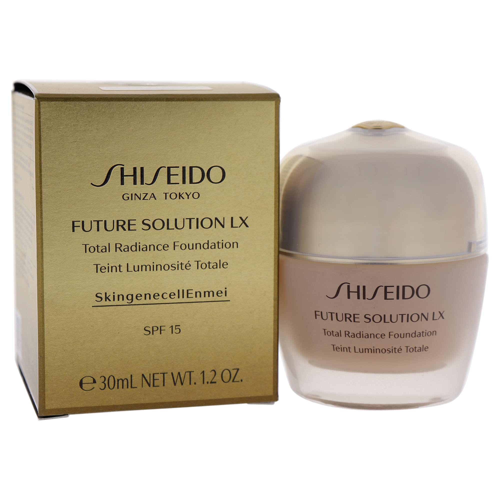 Fondotinta e confezione. Scatola dorata e flacone in vetro. Scritta: SHISEIDO, FUTURE SOLUTION LX, Total Radiance Foundation, SPF 15.