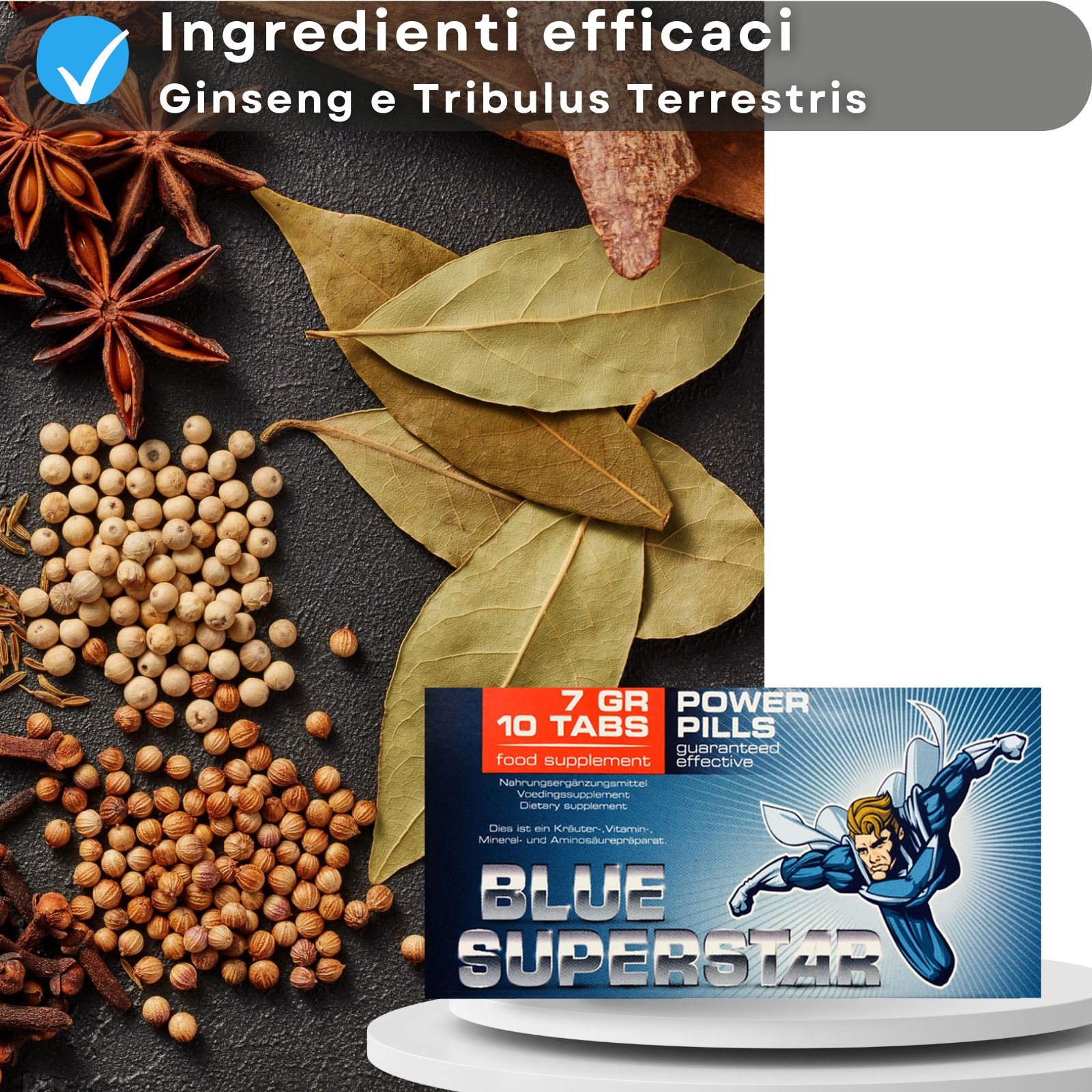 Confezione del prodotto e blister di compresse. Testo: BLUE SUPERSTAR, 10 compresse, 7 GR Power Pills.