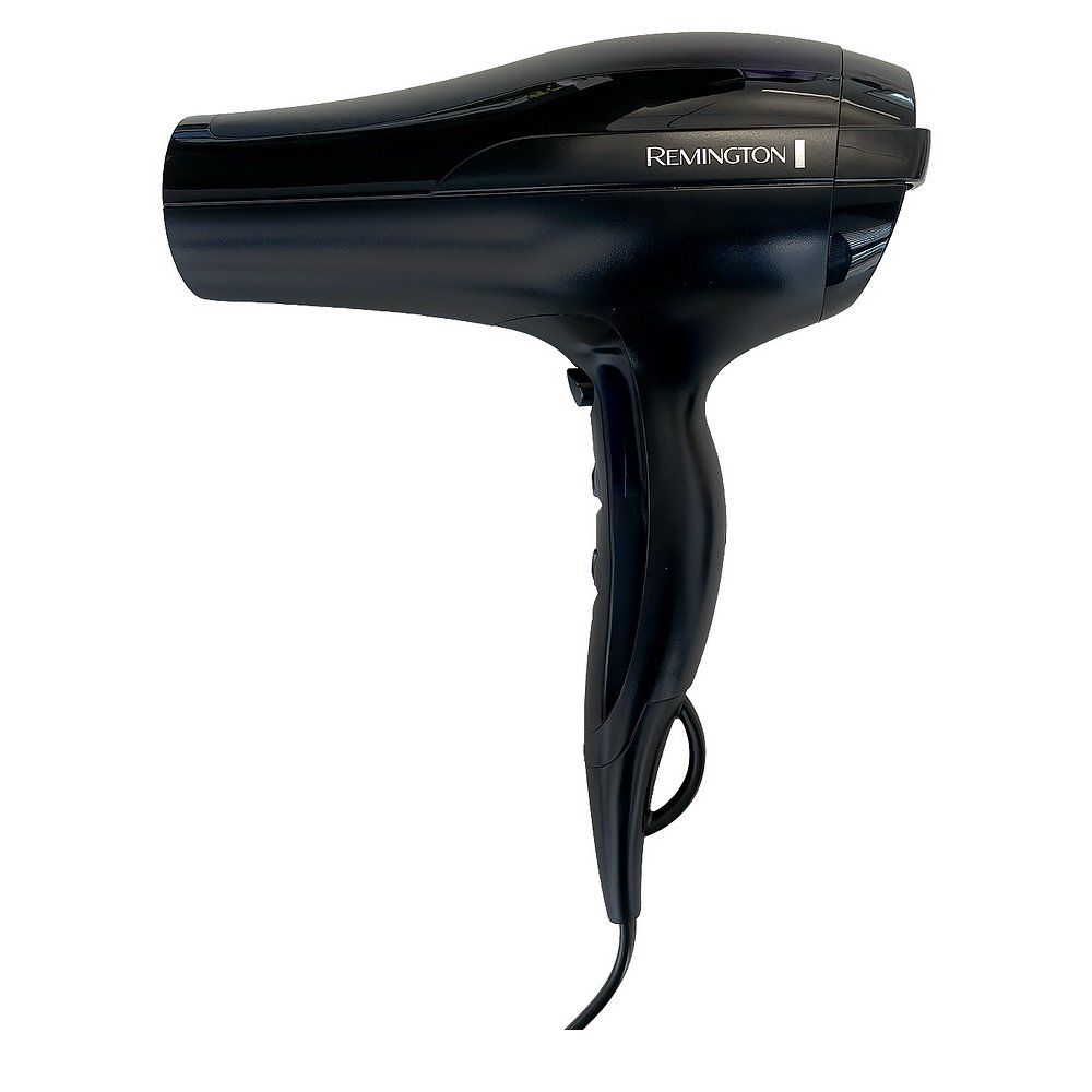 Asciugacapelli Remington nero lucido, su sfondo bianco.