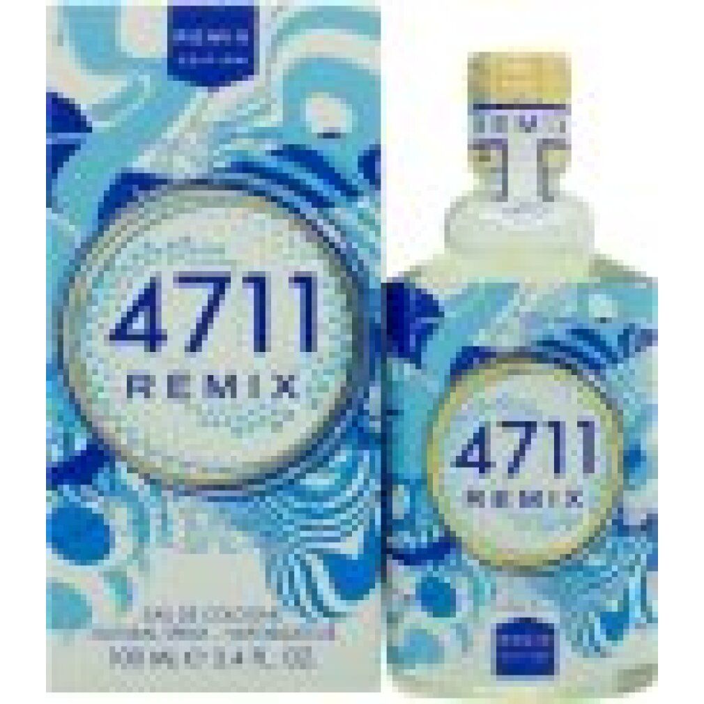 Flacone e confezione. Flacone con etichetta blu e bianca. Scritta: 4711 REMIX. Confezione con lo stesso design.