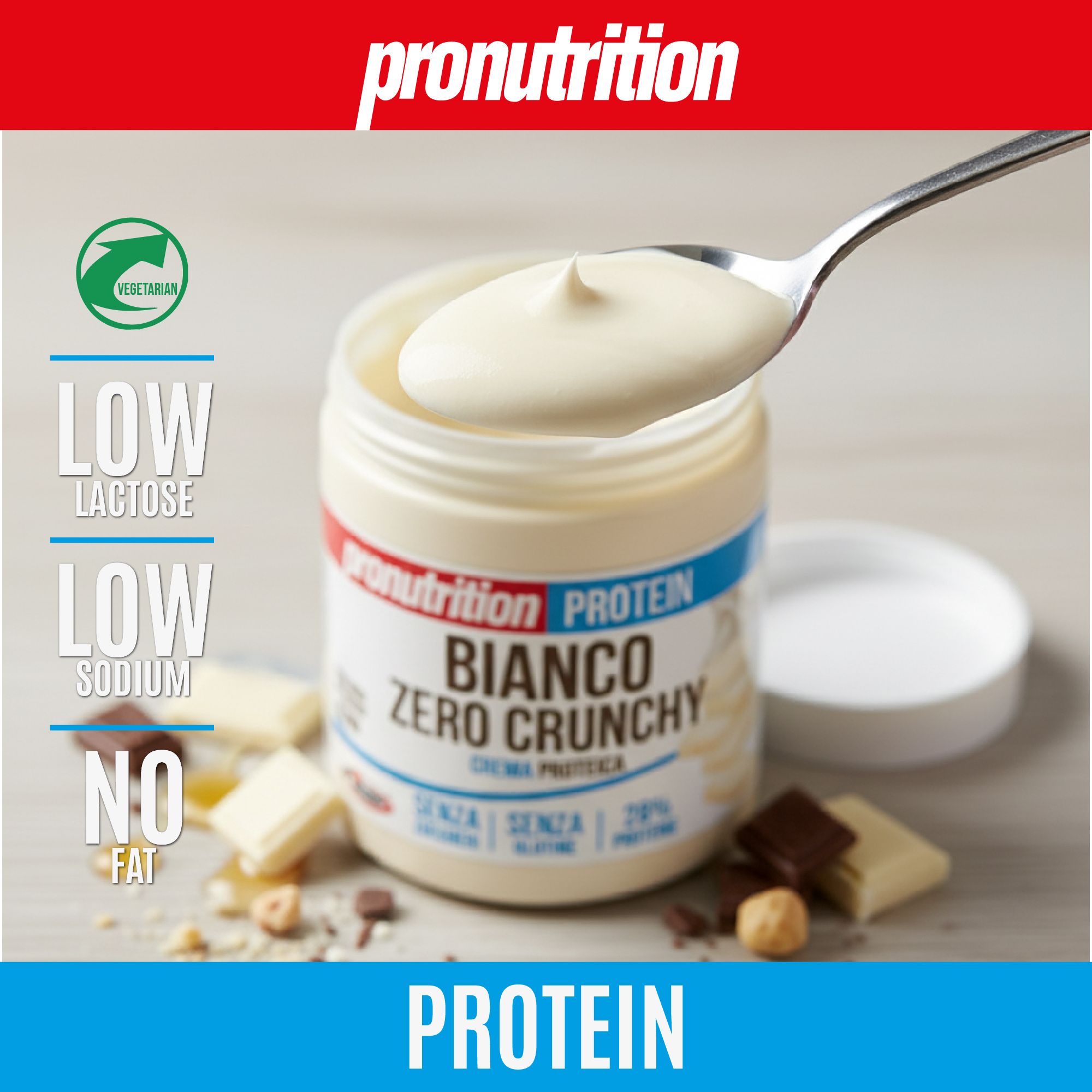 Vaso di crema proteica Zero Crunchy beige con cucchiaio. Scritta: Pronutrition, Protein, Bianco Zero Crunchy. Senza lattosio, sodio, grassi.