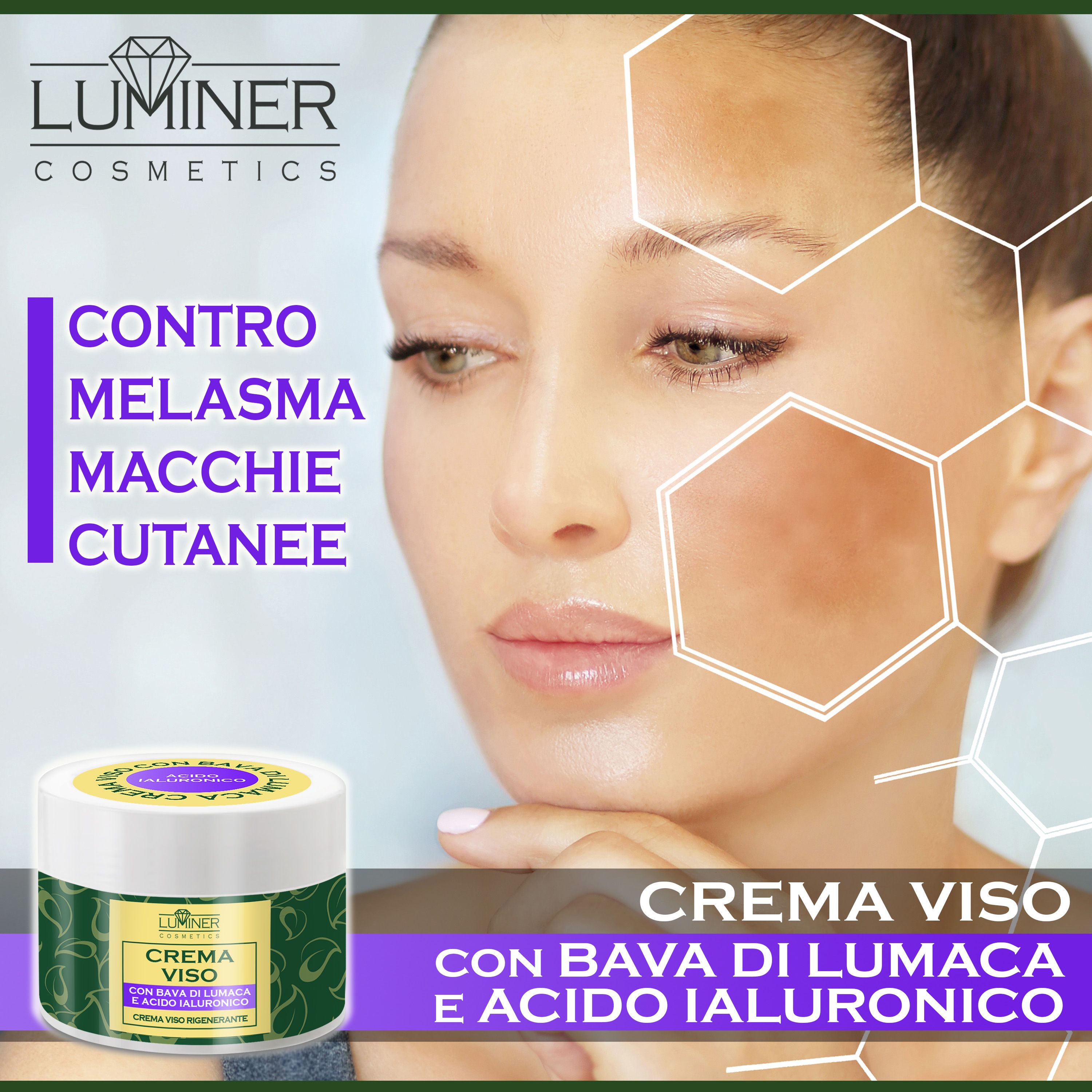 Donna con macchie cutanee, vasetto e testo "Contro melasma e macchie cutanee".
