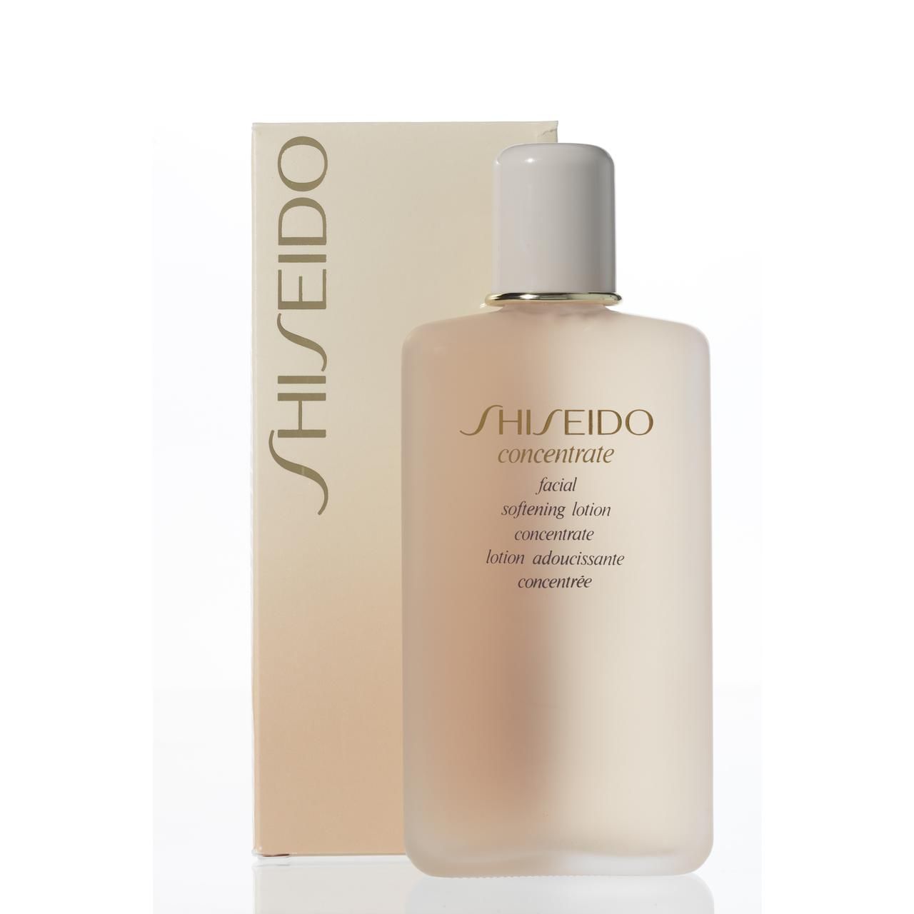 Flacone e confezione. Flacone: Beige, tappo bianco. Confezione: Beige, Shiseido. Scritta: Concentrate, softening lotion.