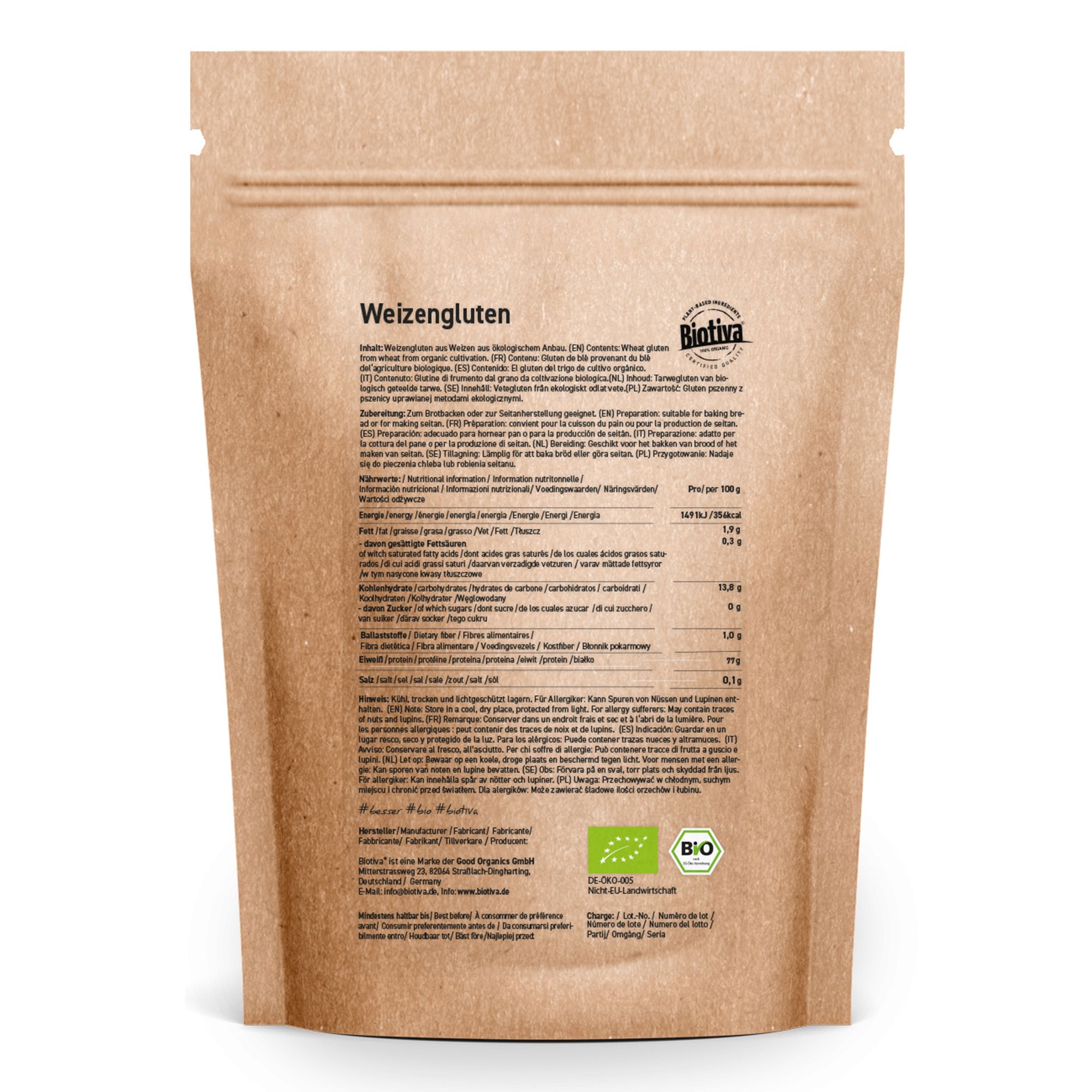 Retro della confezione Biotiva Weizengluten Bio. Contiene informazioni su ingredienti, valori nutrizionali e certificazione biologica.