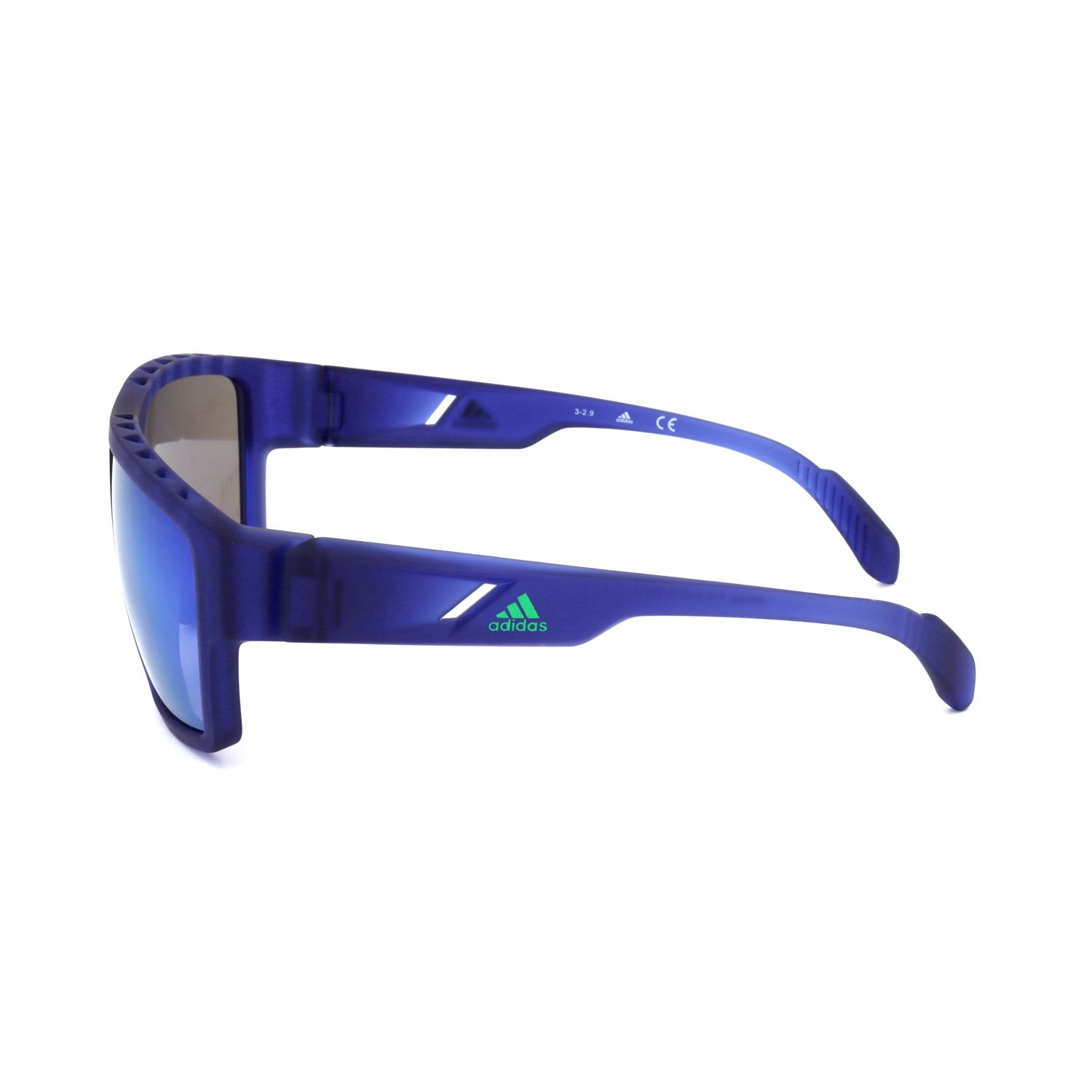 Occhiali da sole sportivi Adidas blu con lenti a specchio e logo Adidas argentato sul braccio.