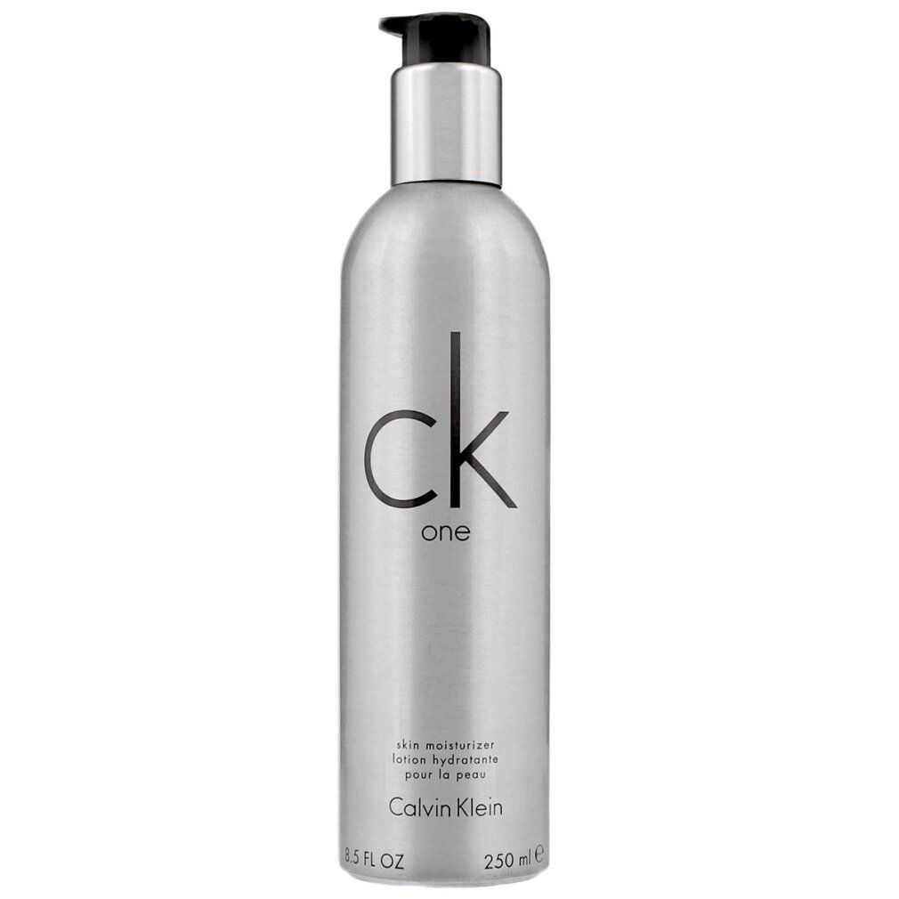 Flacone argento con dosatore. Scritta: ck one, Calvin Klein. Contiene 250 ml di lozione.
