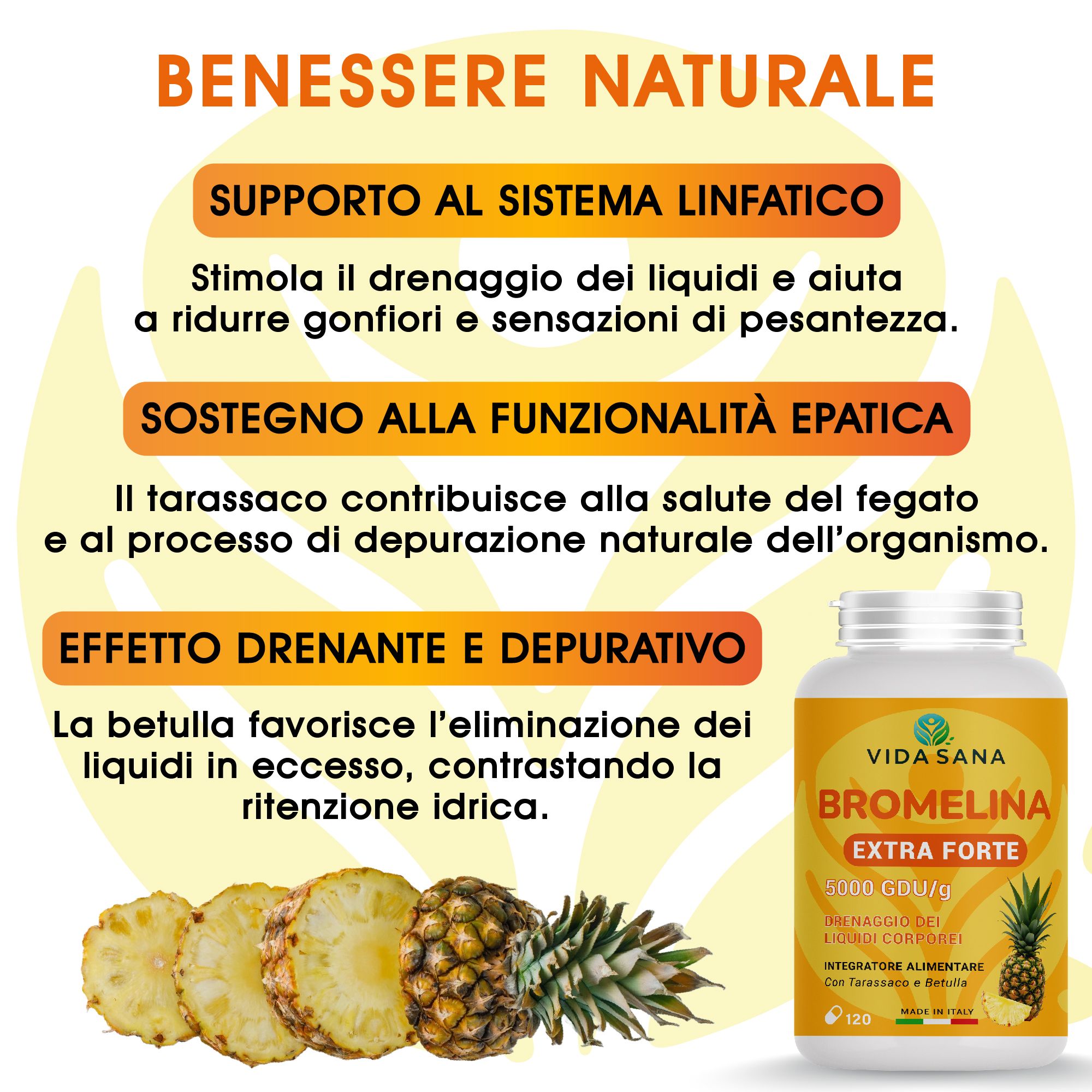 Layout giallo con testo. Temi: sistema linfatico, funzionalità epatica, effetto drenante. Illustrazioni di ananas e betulla.