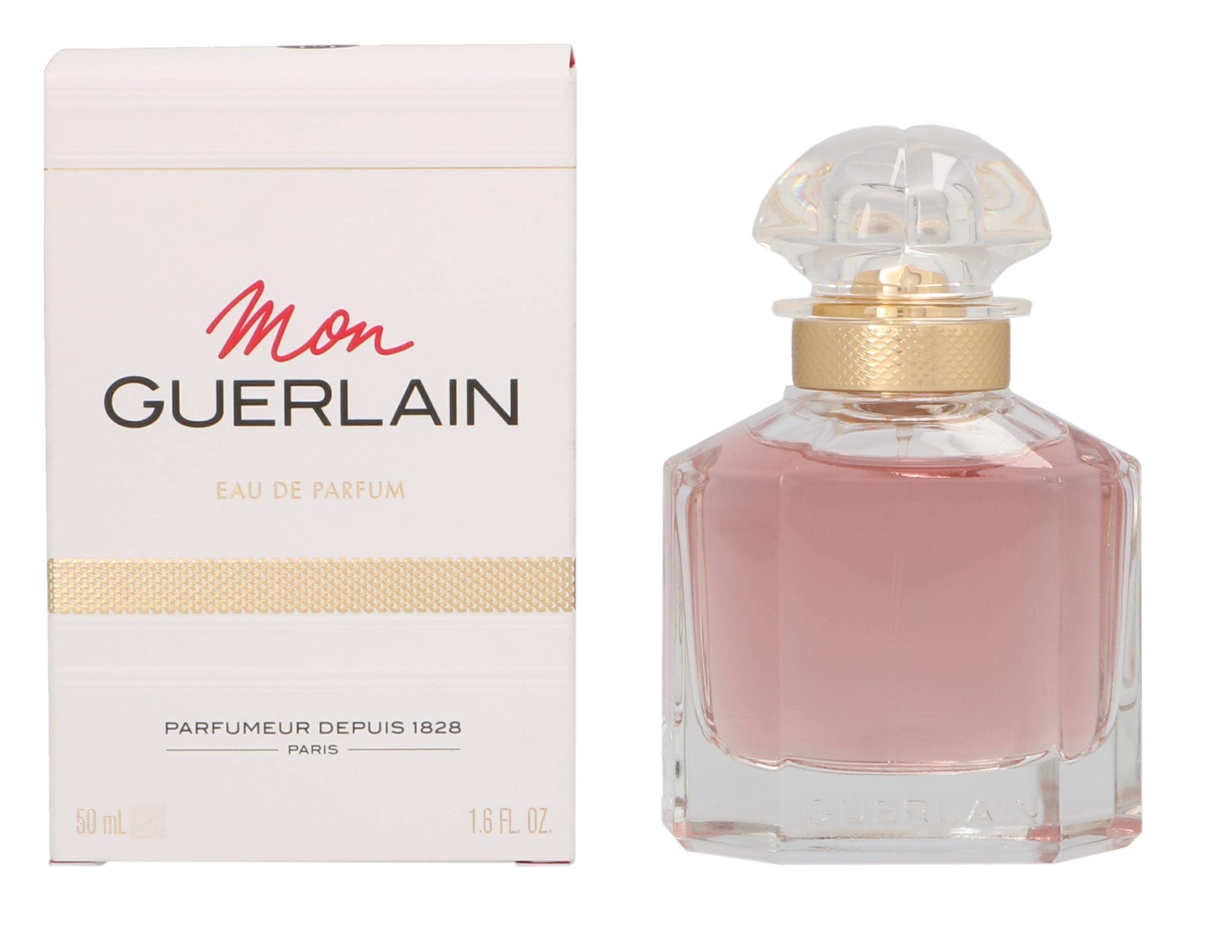Flacone di profumo e confezione. Flacone con liquido rosa, collo dorato e tappo trasparente. Confezione con testo.