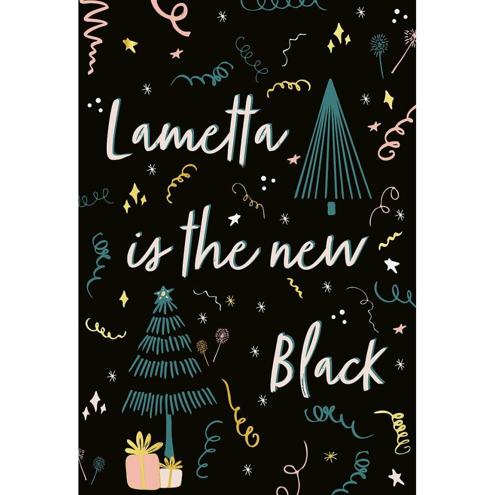 Motivo puzzle con scritta "Lametta is the new Black". Illustrazioni di alberi di Natale e coriandoli su sfondo nero.