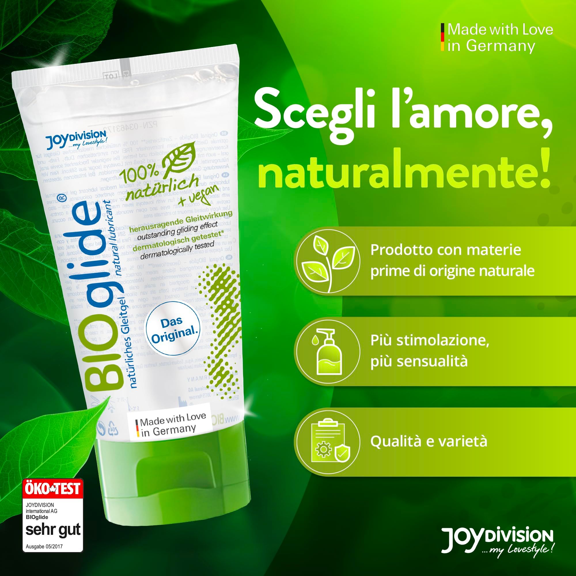Tubo di gel lubrificante BIOglide con tappo verde. 100% naturale + vegano.