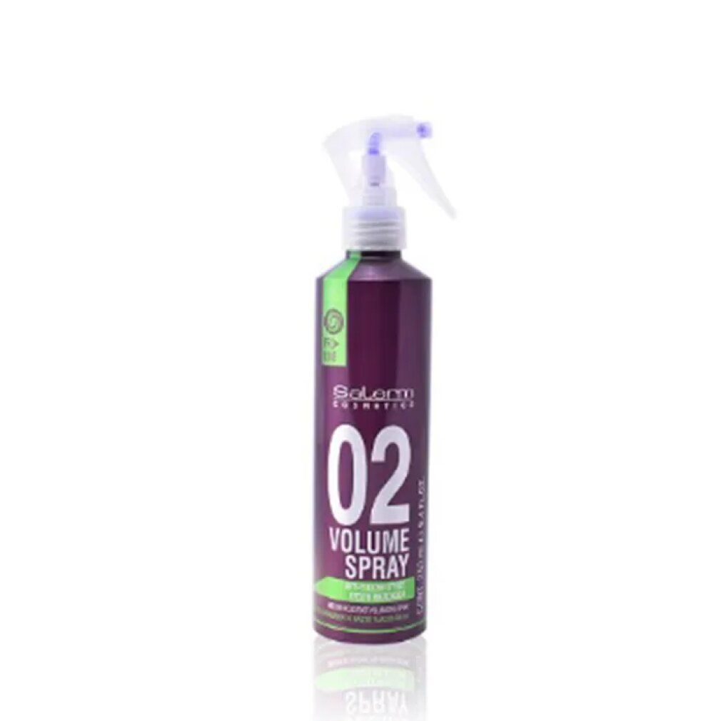 Flacone spray. Scritta: Salerm Cosmetics, 02 Volume Spray. Colori verde e viola. 250 ml.