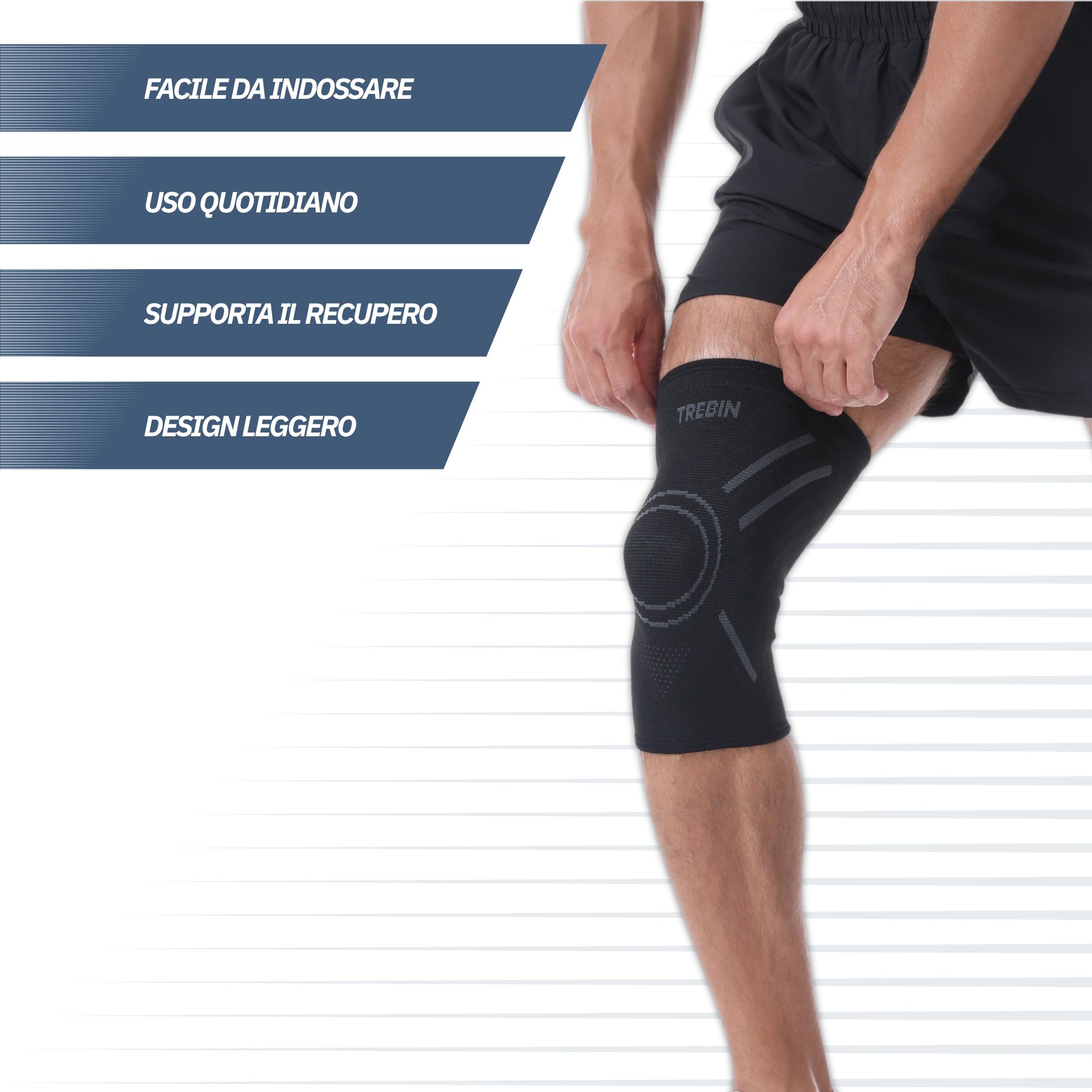 Ginocchiera nera con anello in silicone e stecche laterali.