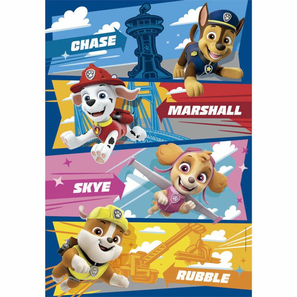 Puzzle Paw Patrol. 60 pezzi. Chase, Marshall, Skye e Rubble raffigurati. Sfondo blu.