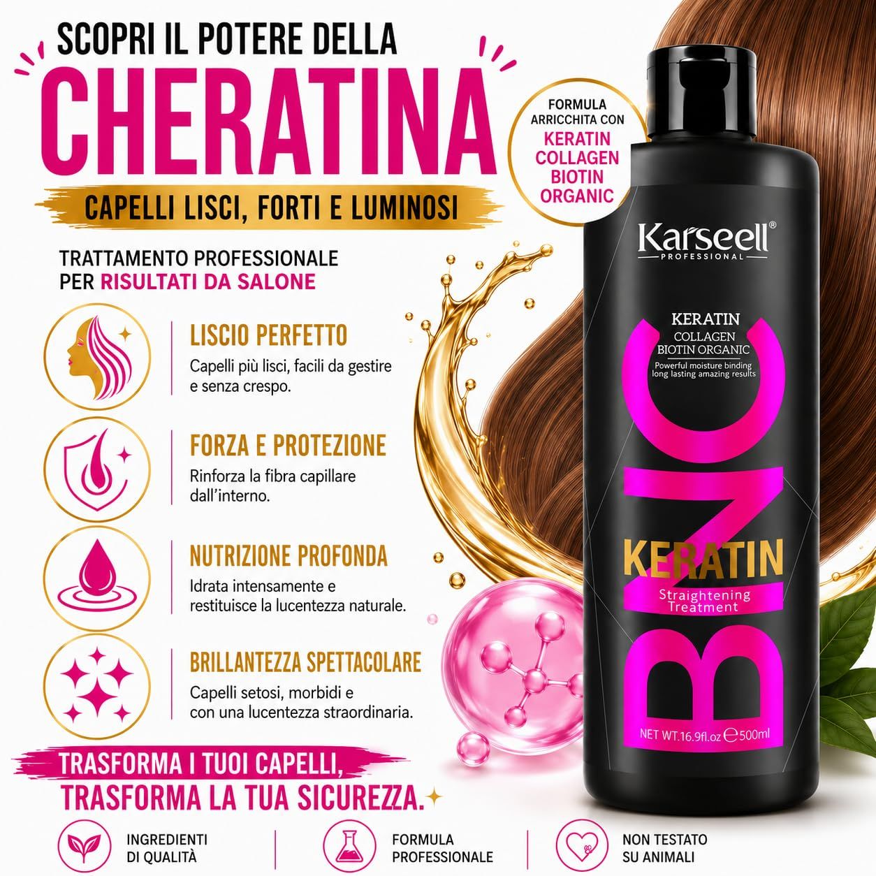 Flacone nero Karseell Trattamento Lisciante alla Cheratina, 500ml.
