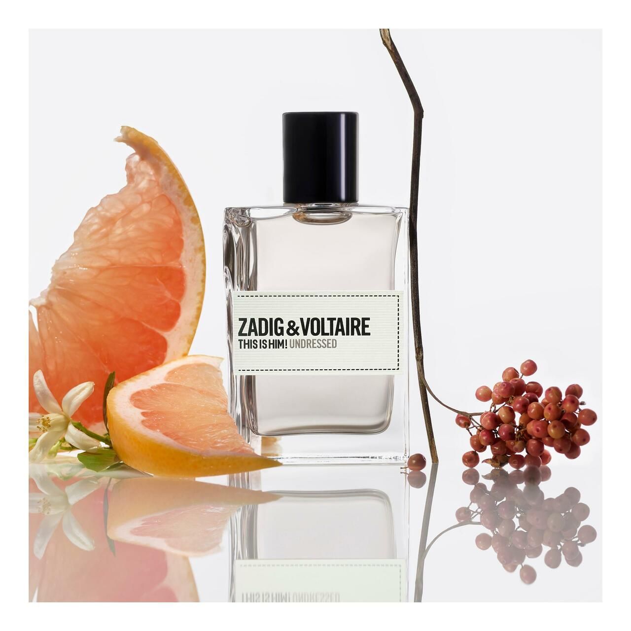 Flacone di profumo con tappo nero, accanto a pompelmo, fiori e bacche. Scritta: ZADIG & VOLTAIRE THIS IS HIM! UNDRESSED.